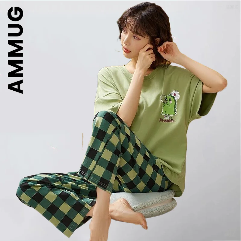 

Ammug Summer Spring New Sleepwear Cartoon Cotton Pajamas for Women Long Pants Short Sleeved Loungewear Fashion Homewear
