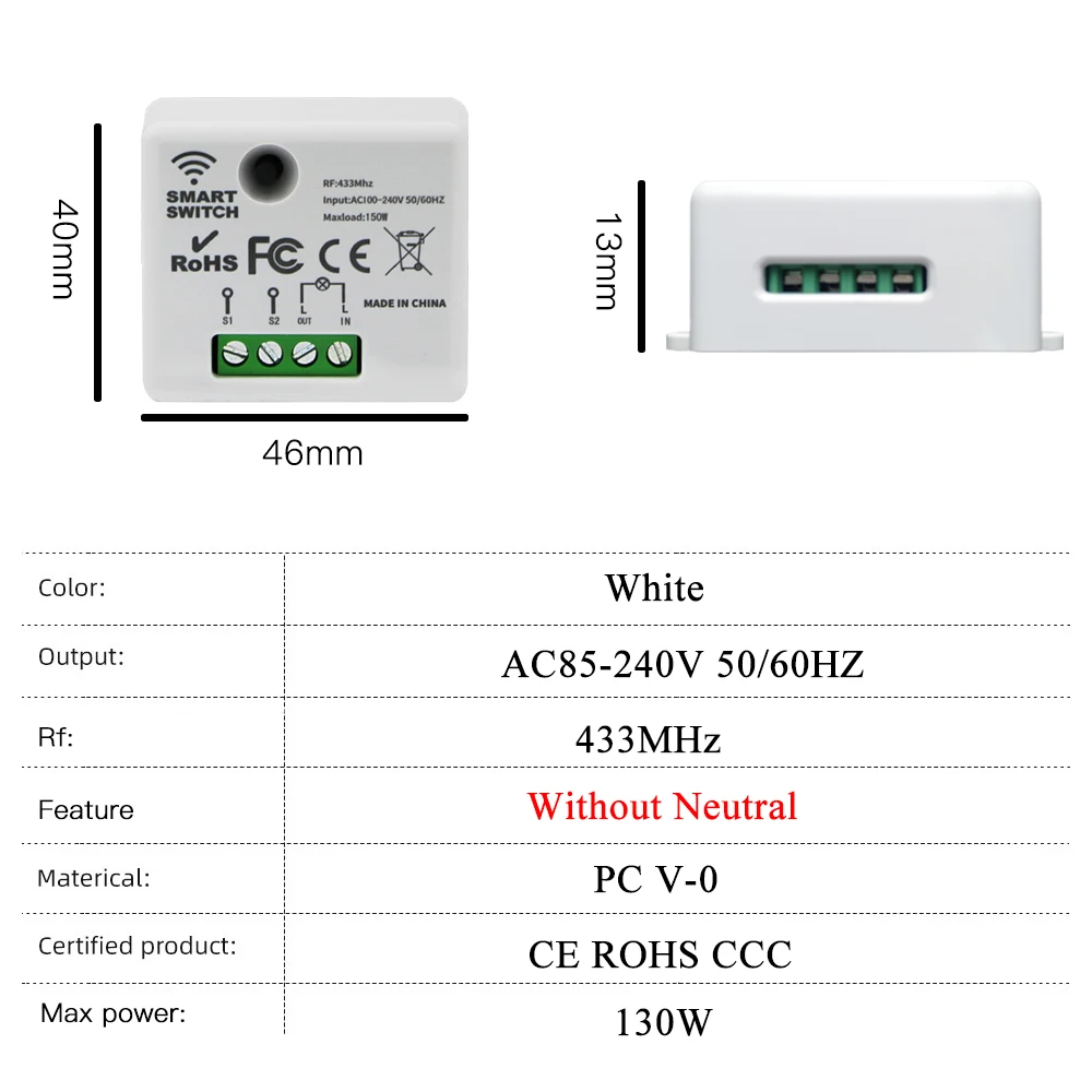 Mini Smart Switch Without Neutral 433MHz Remote Control Light Rf Wireless Wall 220V 130W Relay Module for Lamp Fan | Обустройство