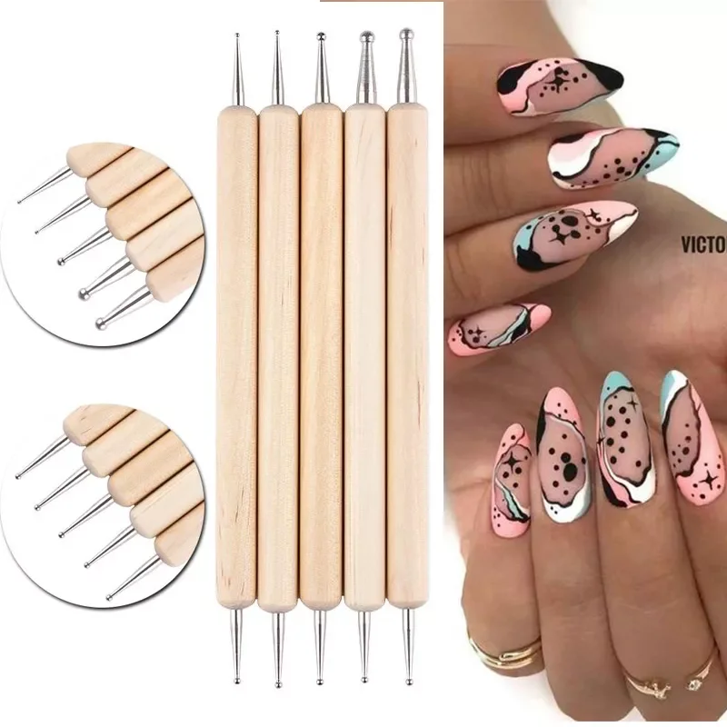 

Heads Wooden Dotting Pen Marbleizing Tool Nail Art Dot Dotting Tools for Nail Art Design Rhinestone Picker Nail Brush Kits