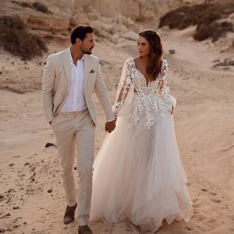 Фото Eightree Boho A-Line Свадебные платья принцессы с пышными рукавами и аппликациями Кружевное свадебное платье Пляжное свадебное бальное платье для выпускного вечера по индивидуальному заказу №1