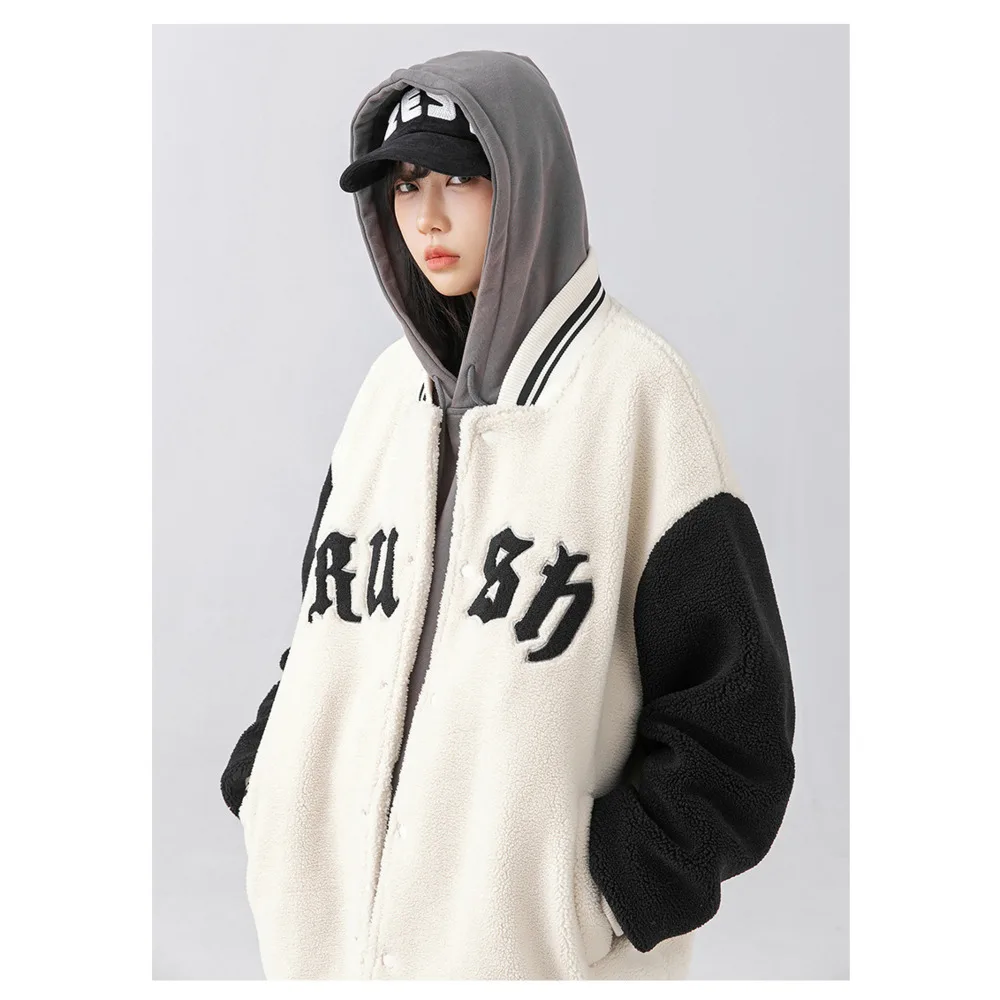 

Женская бейсбольная куртка из овечьей шерсти, хлопковая куртка, Модная хлопковая куртка контрастной расцветки с вышивкой для зимы