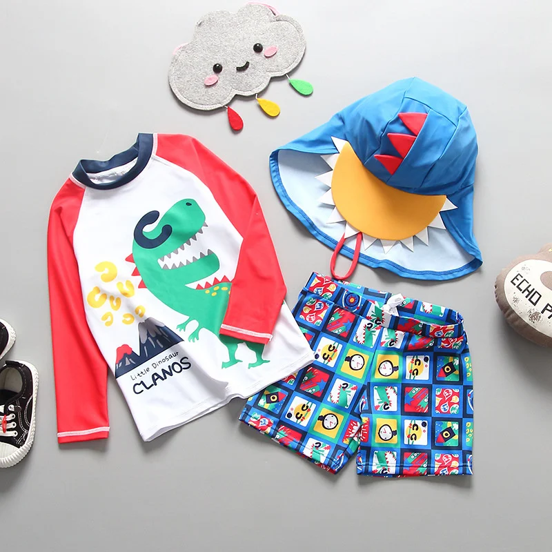 

3 Piece 1-10y Big Boys Kid Swimwear Fashion Swimming Bathing Surfing 2021 Swimsuit Set Tops Pants Cap Children Boys Swim Suit