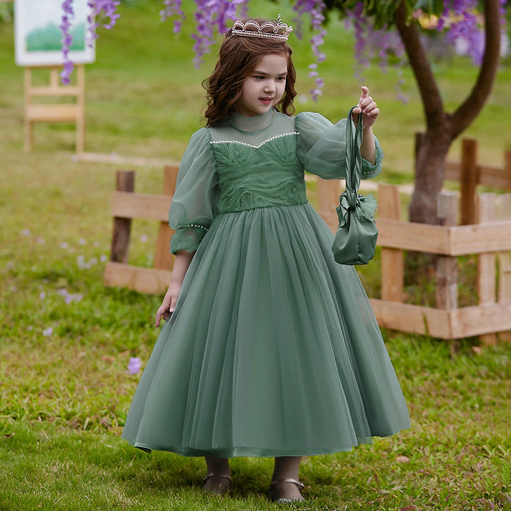 

Flower Girl Dress Gown Green Christmas Lace Long Wedding Pageant First Communion Clothes For Kids Children Formal 1112Y Vestidos