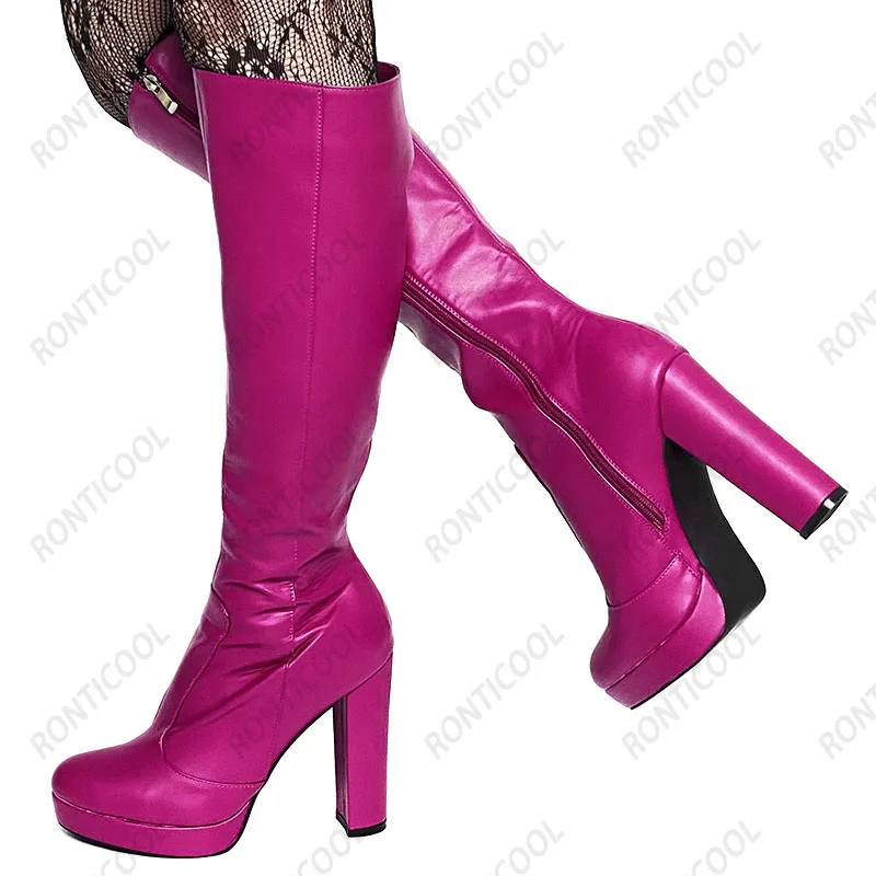 Фото Rontic Handwork Женские зимние сапоги до колена на платформе с полной боковой молнией на массивном каблуке с круглым носком Красивые синие розовые туфли Размер США 5-20 №4