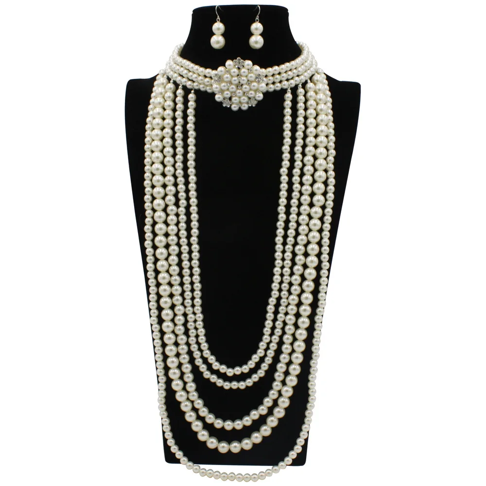 

Wedding Bride Long Necklace Sets Multi-layer Imitation Pearl Chain Big Flower Sweater Chains Jewelry Sets for Women Statement