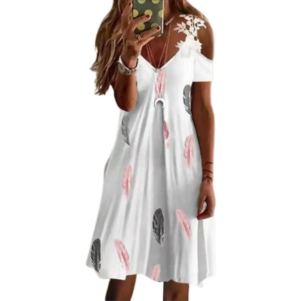 

Women Elegant V Neck Summer Formal Dresses Floral Print Lace Summer Slim-fitting A-Line Midi Vintage Drawstring Dress for Office