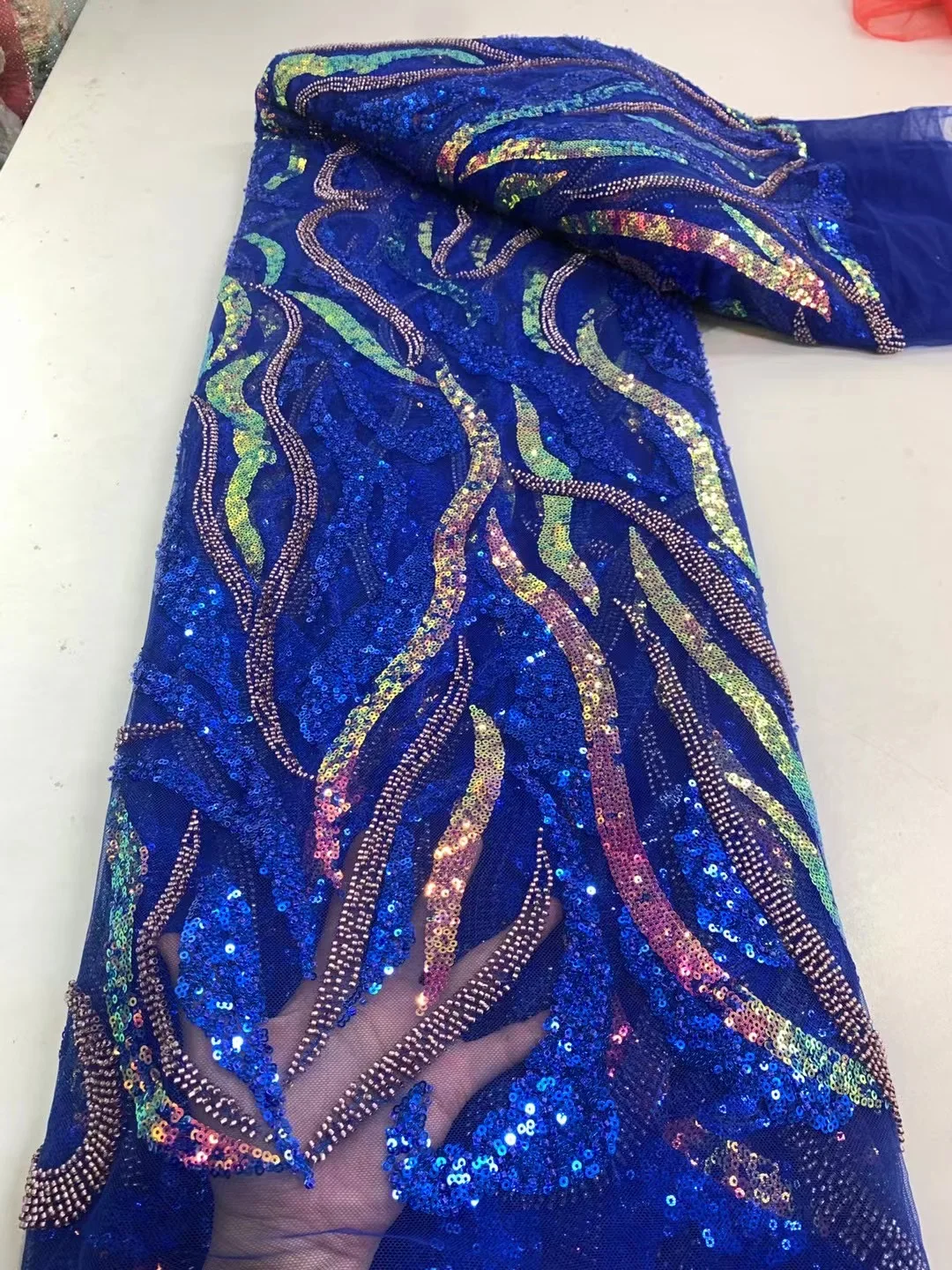 

Royal Blue Luxury African Net Mesh Lace Fabric 2023 Embroidery Sequins French Tulle Heavy Beads Handcut Lace For Wedding Dres