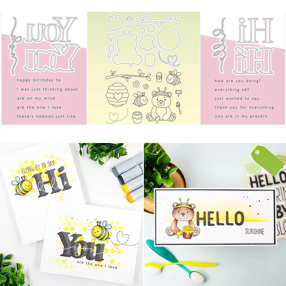 

Honeycomb Bees Honey Stamps Set Bold Words Hi You Outcut Dies and Clear Stamps Birthday Sentiments DIY Crafting Making Template