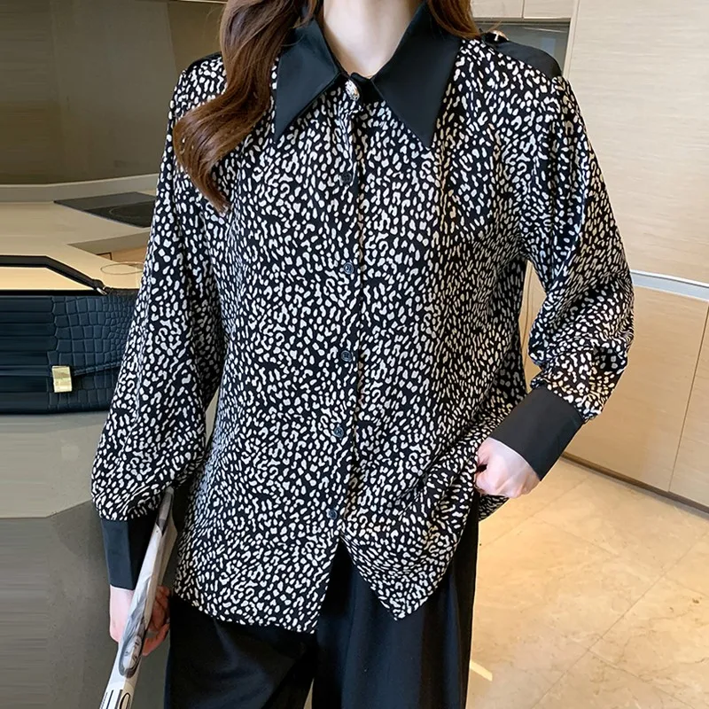 

Women Long SLeeve Shirts New Arrival 2022 Spring Korean Style All-match Leopard Print Loose Ladies Elegant Casual Tops W927