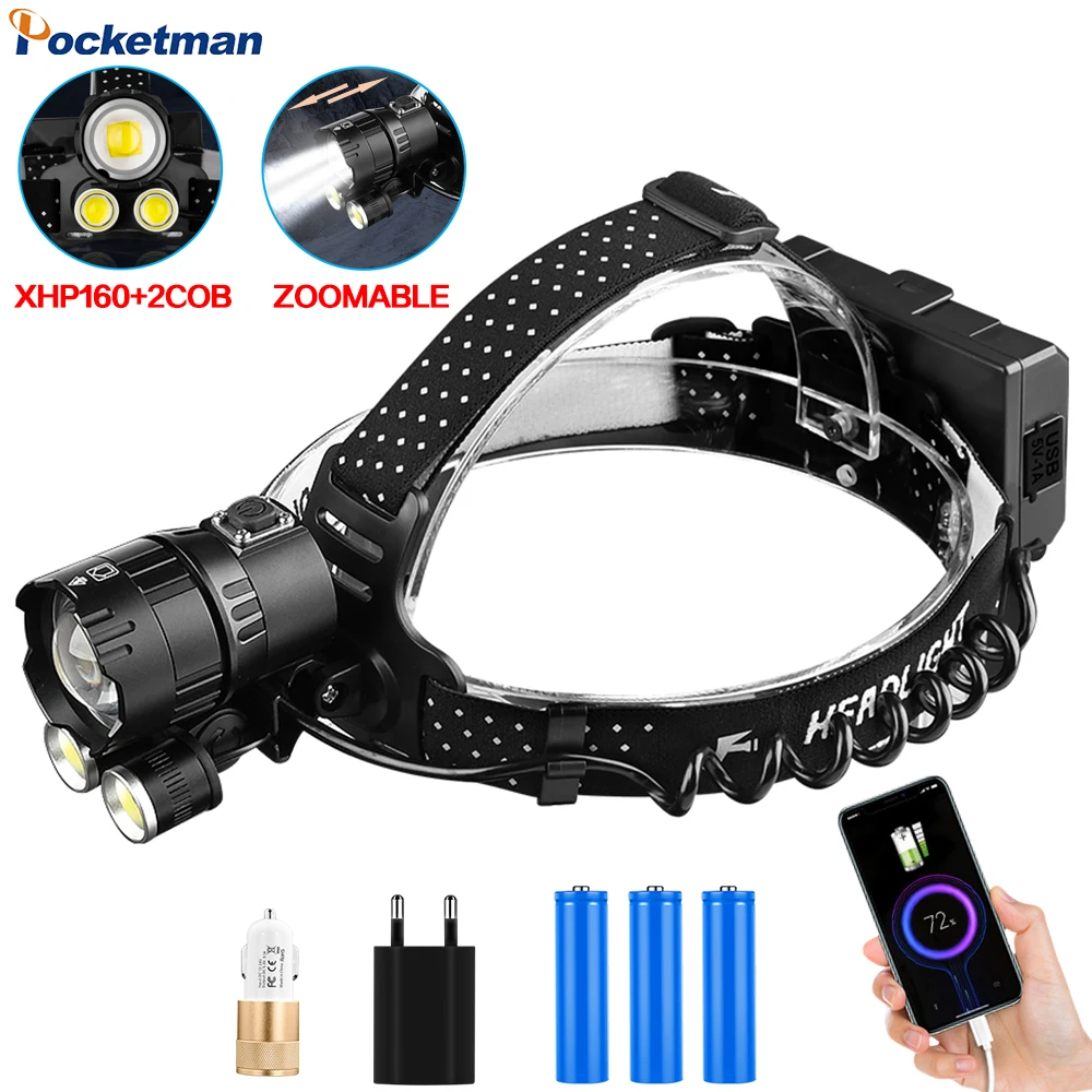 

Powerful XHP199-16 Core 2*COB+LED Headlight USB Rechargeable Headlamp Waterproof Zoomable Headlights Head Torch Head Lamp