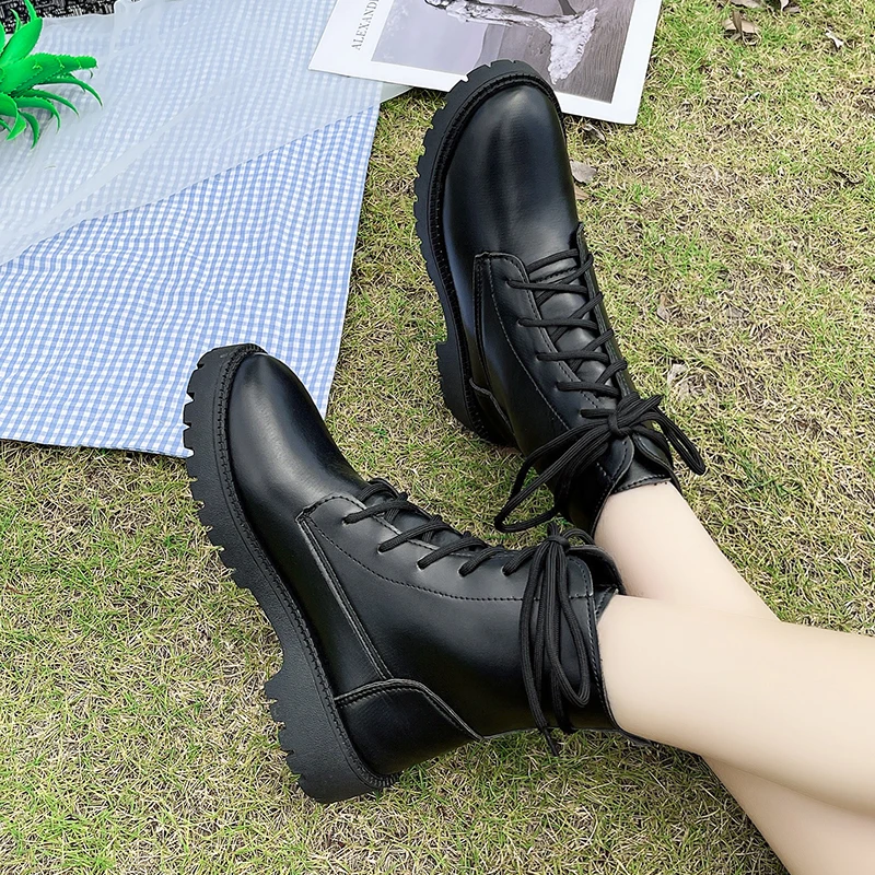 Ботильоны женские черные из искусственной кожи на шнуровке с круглым носком