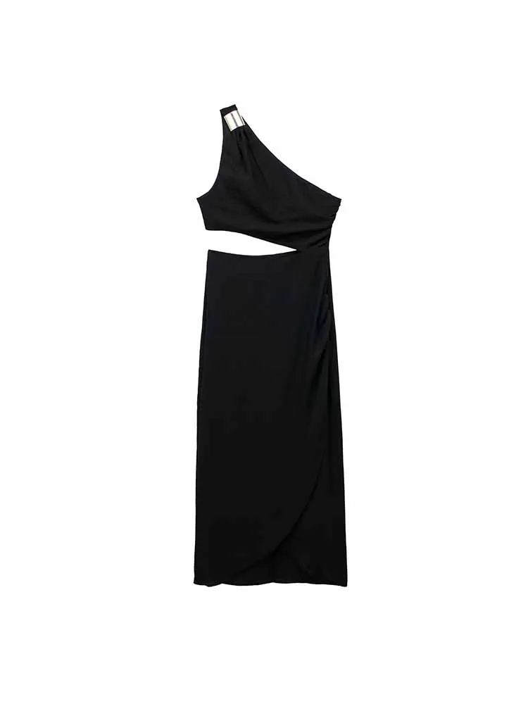 

Women New Chic Fashion Gold embellishments Asymmetry Pleated Midi Dress Vintage Sleeveless backless Female Dresses robe Mujer