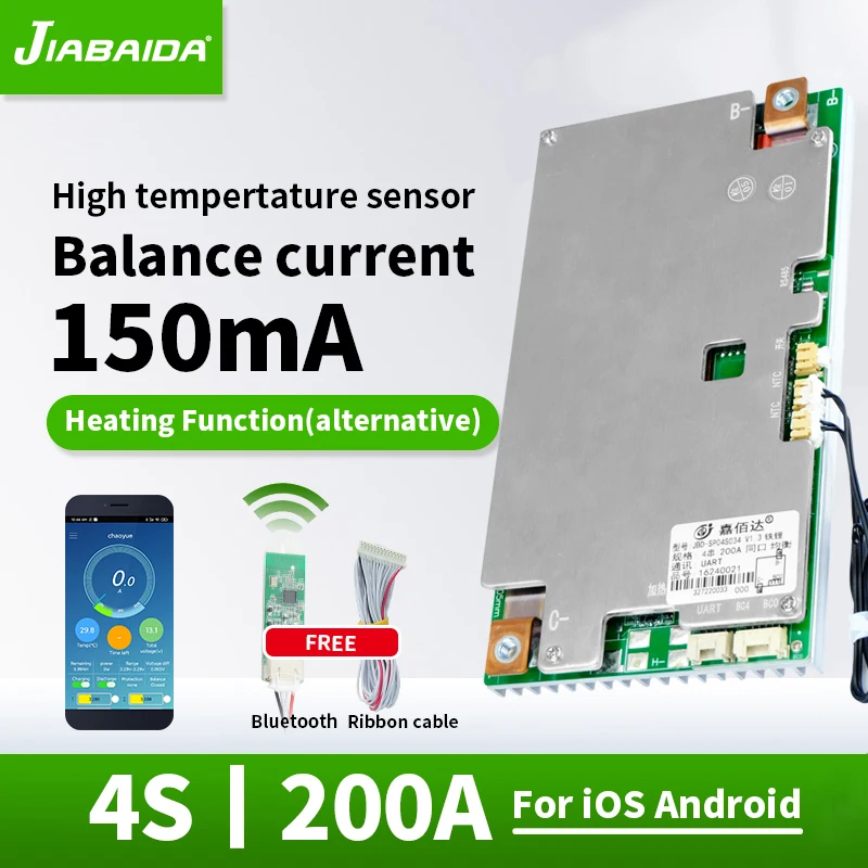 

JBD Smart BMS 4S 200A Lifepo4 Free Bluetooth Heating Function UART Lithium Battery Protection Balance Board BMS 12V With Blancer