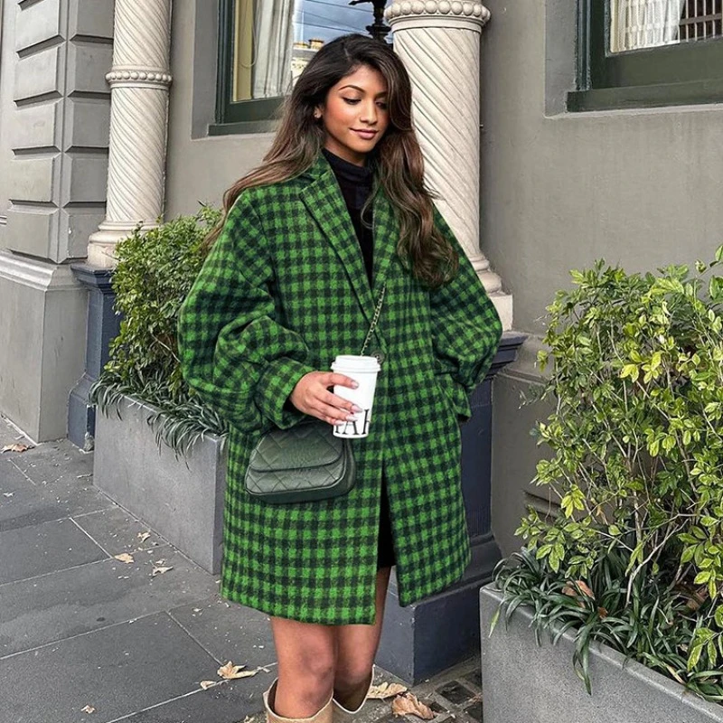 

Women's Overcoat 2023 Autumn Winter Vintage Long Sleeve Single Button Green Plaid Long Coats Streetwear Tops Jackets Outerwear