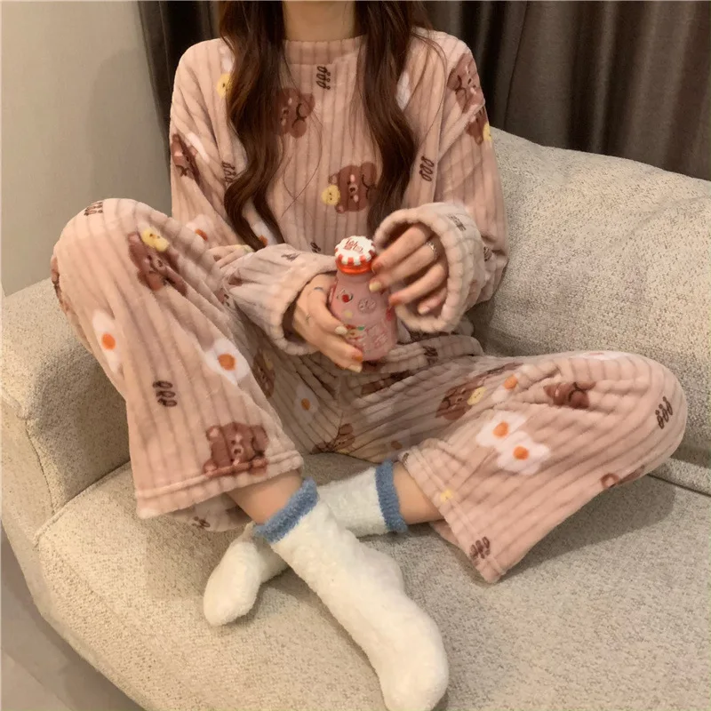 Flannel Women Pajamas Sets New 2022 Autumn Winter Warm Thick Coral Velvet Long Sleeve Women SleepwearPyjama Set For Winter