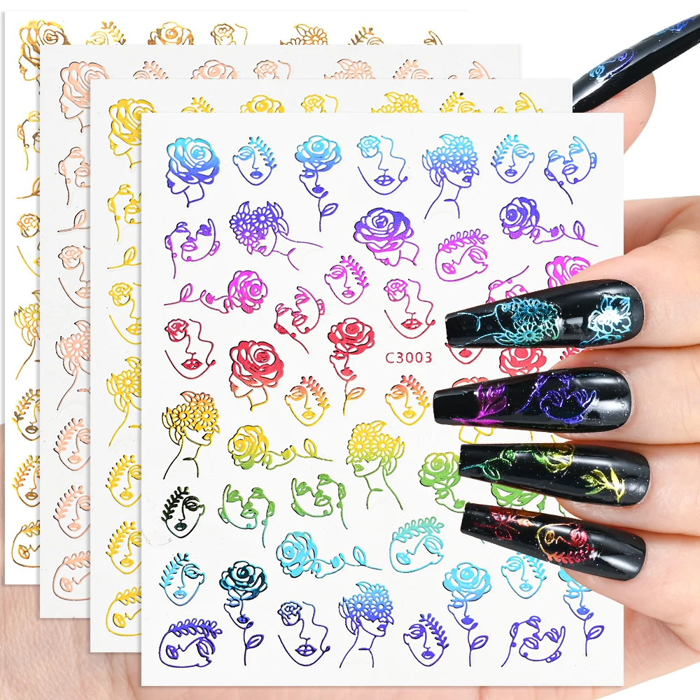 

1Pcs Graffiti Woman Face Design Abstract Nail Stickers Holographic 3D Butterfly Nail Art Decals Adhesive Gold Bronzing Sliders