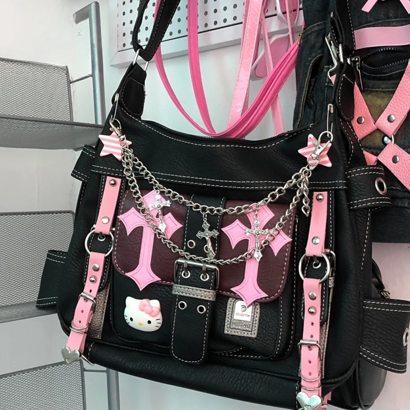 

Punk Vintage Crossbody Bags Pink Cross Chains for Women Hot Girl Handbag Y2k Trend Tote Bag Kawaii Backpack Bag Two-dimensio nal