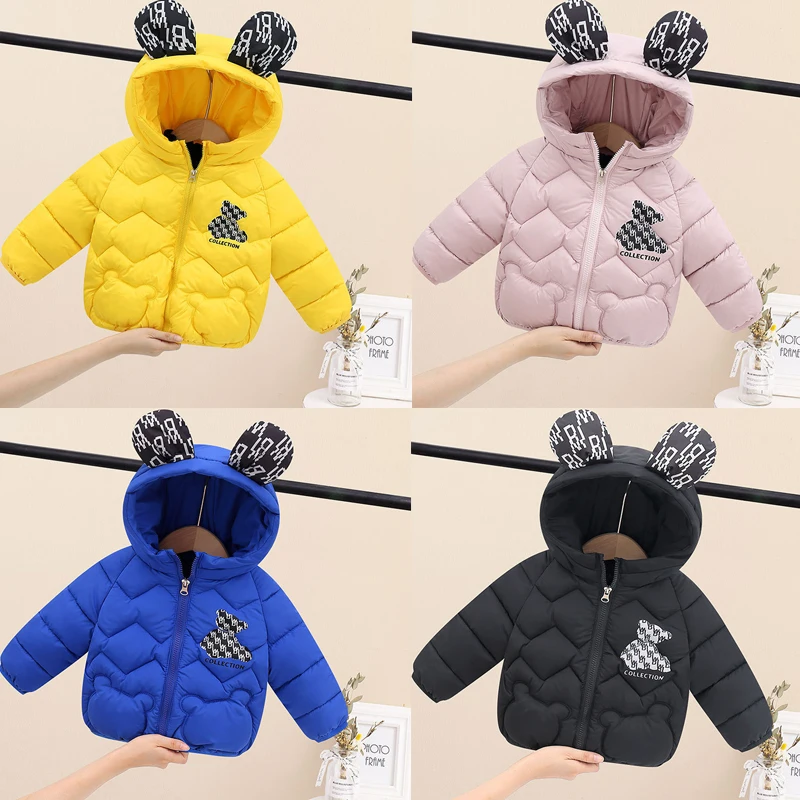 

New Boys Girls Hooded Outerwear Winter Autumn Thin Warm Coats Kids Casual Cartoon Print Jackets Children Clothes Overcoat 1-5Y