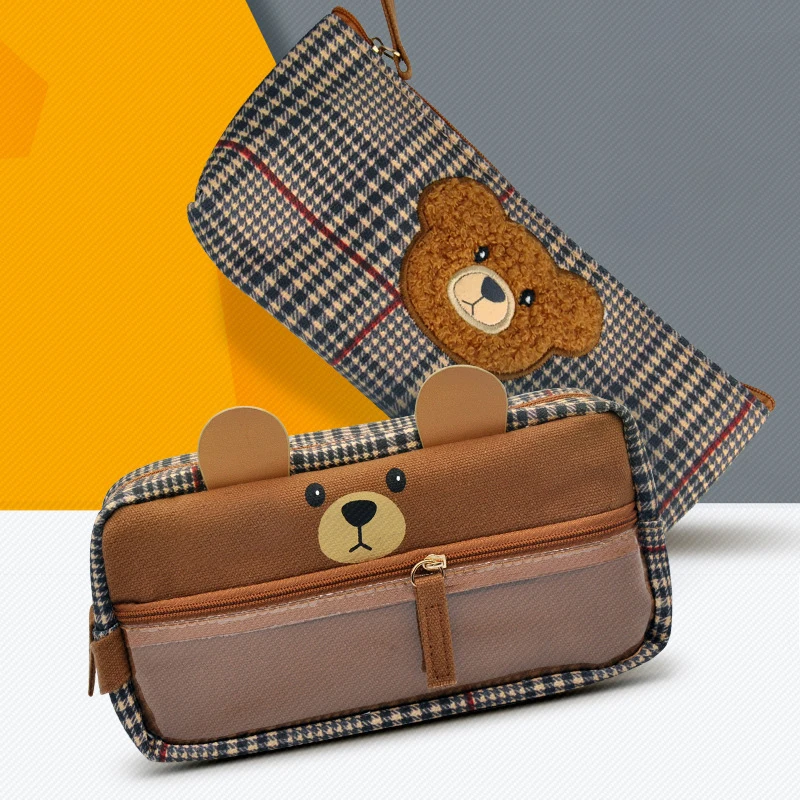 

Чехол для школьного карандаша с коричневым медведем, мультяшная холщовая Детская сумка для канцелярских принадлежностей, подарок, школьны...