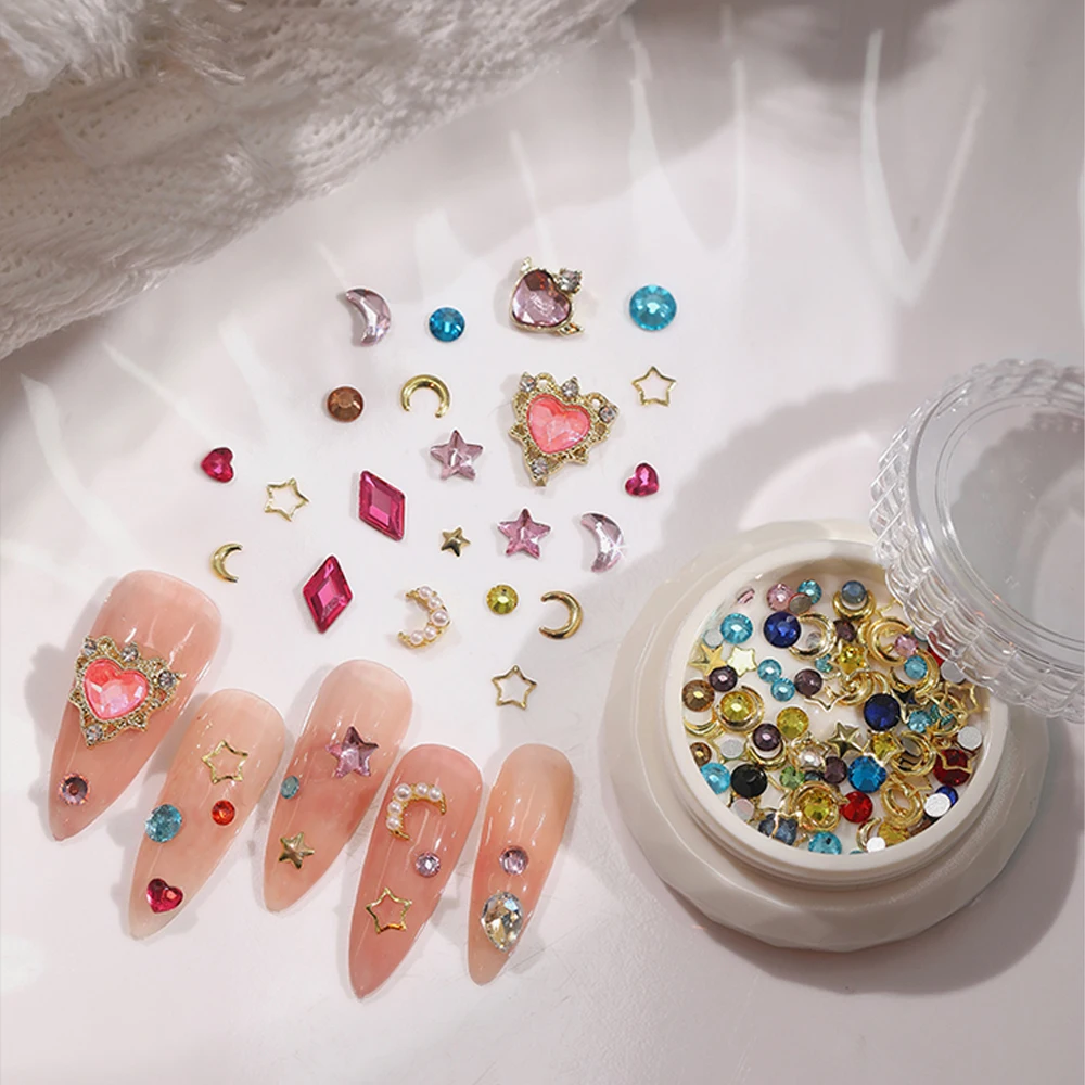 

1Jar Glitter Nail Zircon Jewelry 3D Love/Stars/Moon Mixed Flatback Rhinestones Gems Nail Parts Japanese Manicure Decoration(202