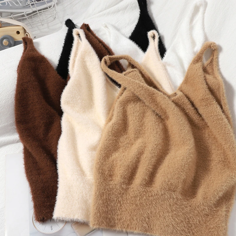 

Liba Sin Women Summer Solid Fuzzy Knitted Crop Tops V Neck Fluffy Plain Camis Straps Sexy Cosy Cropped Tops Korean Styles