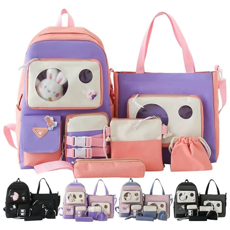

Cute Bags Set 5 Piece With Pin And Bunny Pendant Cute Backpacks For School Aesthetic School Backpack Large Capacity Waterproof