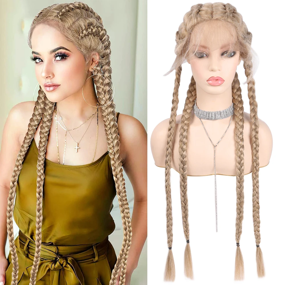 Synthetic Handmade Box Braid Lace Front Wig With Baby Hair Long Heat Resistant 4 Braids Cornrow Wig For Black Women