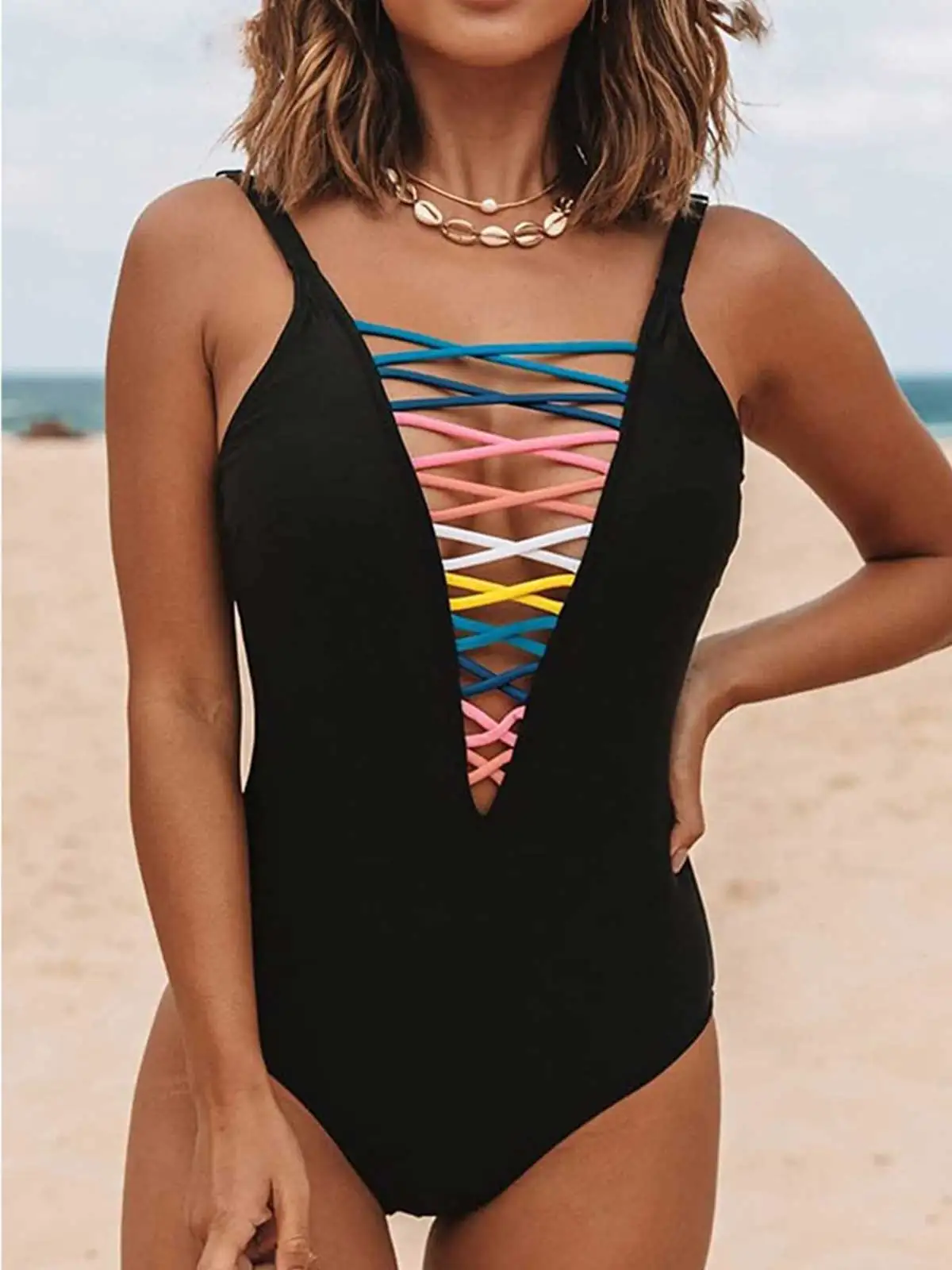 

Criss-Cross Open Back One-Piece Swimsuit Contrast Binding Triangle Bikini Women Swimwear 2023 Bikini Set Summer Beachwear