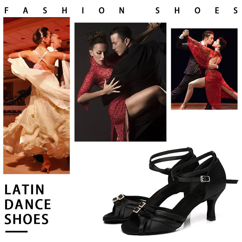 SWDZM Hot Sale Women Latin Dance Shoes Satin Salsa Sandal Ladies Ballroom Dancing Shoes High Heel Soft Sole Rhinestones Buckle