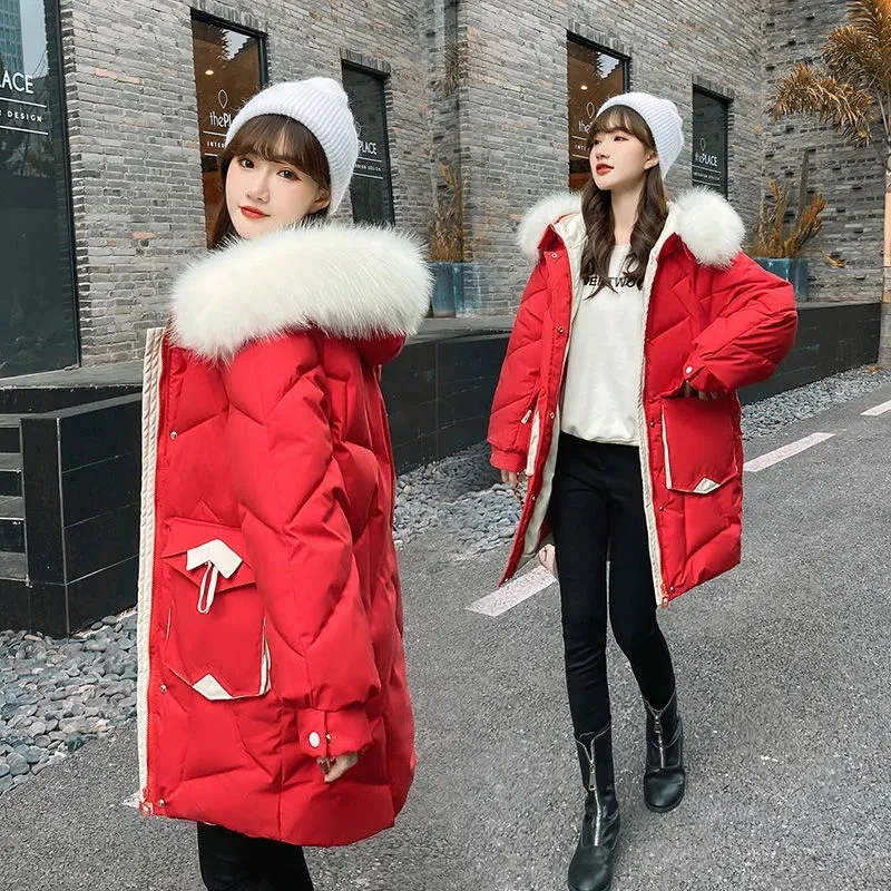 Down Cotton Jacket Women 2022 Winter New Casual Fashion All-match Padded Coat Female Hooded Long Thick Fur Collar Warm Parkas