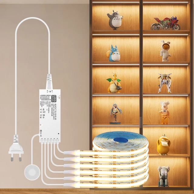 Under Cabinet Collection Display COB LED Strip Light Bookcase Wardrobe Closet Lamp Tape Penetrable Wood Dimmable Touch Sensor 1