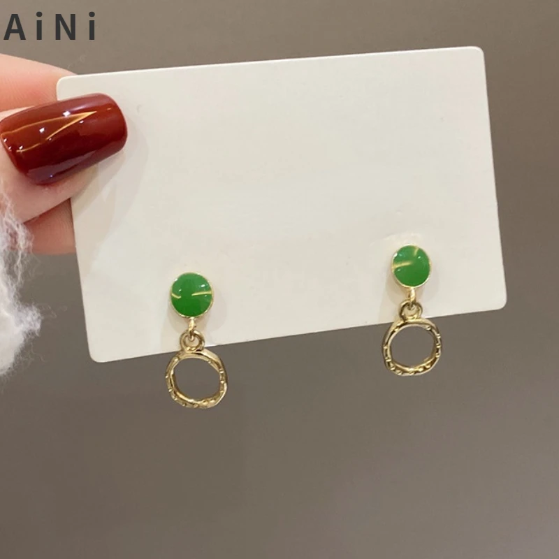 

Fashion Jewelry Enamel Green Earrings Simply Design Metallic Gold Color Small Round Circle Drop Earrings For Girl Gifts