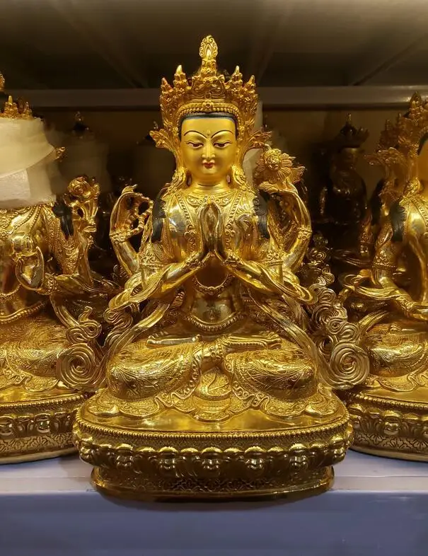 

Большой буддийский храм, 30 см, статуя Будды, защита семьи, четыре руки, Гуаньинь, Будда, золотое покрытие, медь
