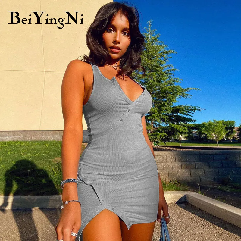 

Beiyingni V-neck Summer Dresses For Women Sleeveless Buckles Split Package Hip Irregular Basic Ladies Dress Casual Sexy Vestidos