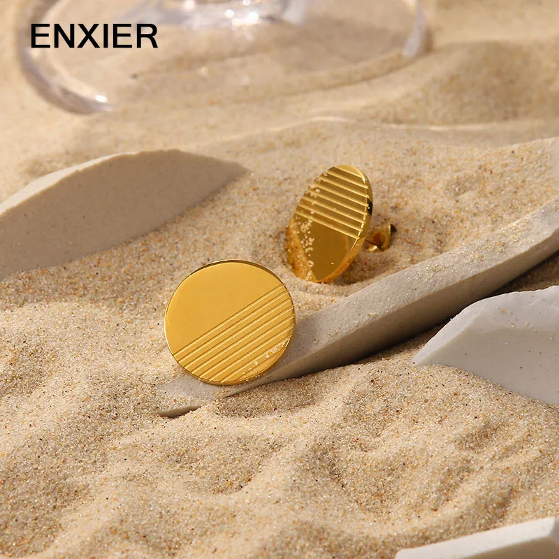 

ENXIER New 316L Stainless Steel Round Stud Earrings For Women 18k Gold Plated Fashion Simple Ear Studs Ladies Jewelry
