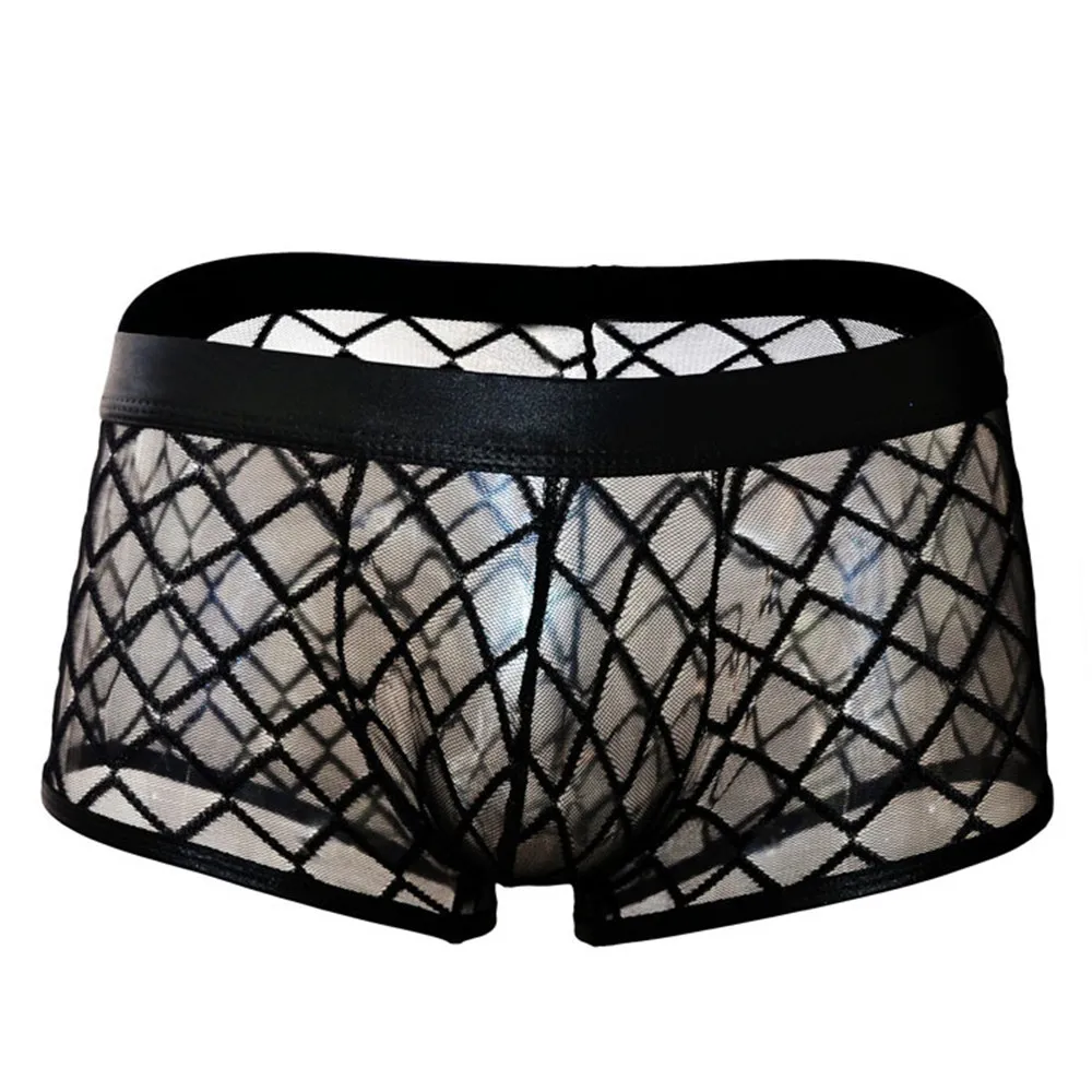 

Transparent Boxer Men See Through Mesh Underwear Men Diamond Pattern Low Waist Plaid Boxer Shorts M-XL