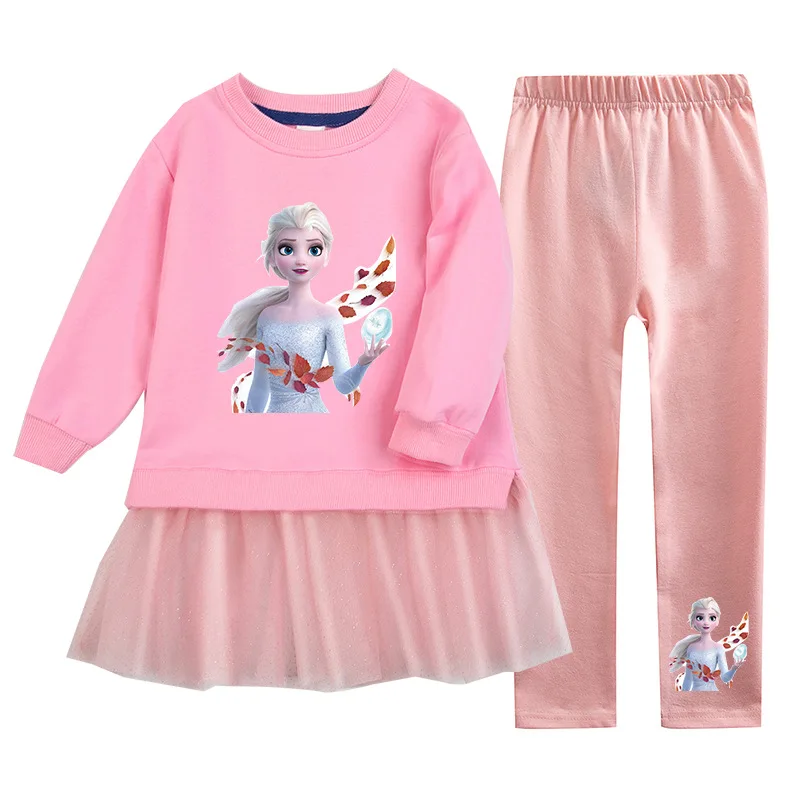 

Весенний комплект одежды для девочек-подростков, милая сетчатая Толстовка и штаны принцессы Эльзы из мультфильма «Холодное сердце», одежда из двух предметов, Осенняя детская одежда