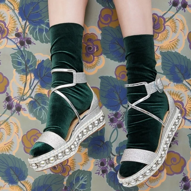 

Silver Glitter Studded Button Flat Platform Espadrille Sandals Metal String Bordered Buckle Strap Summer Casual Shoes