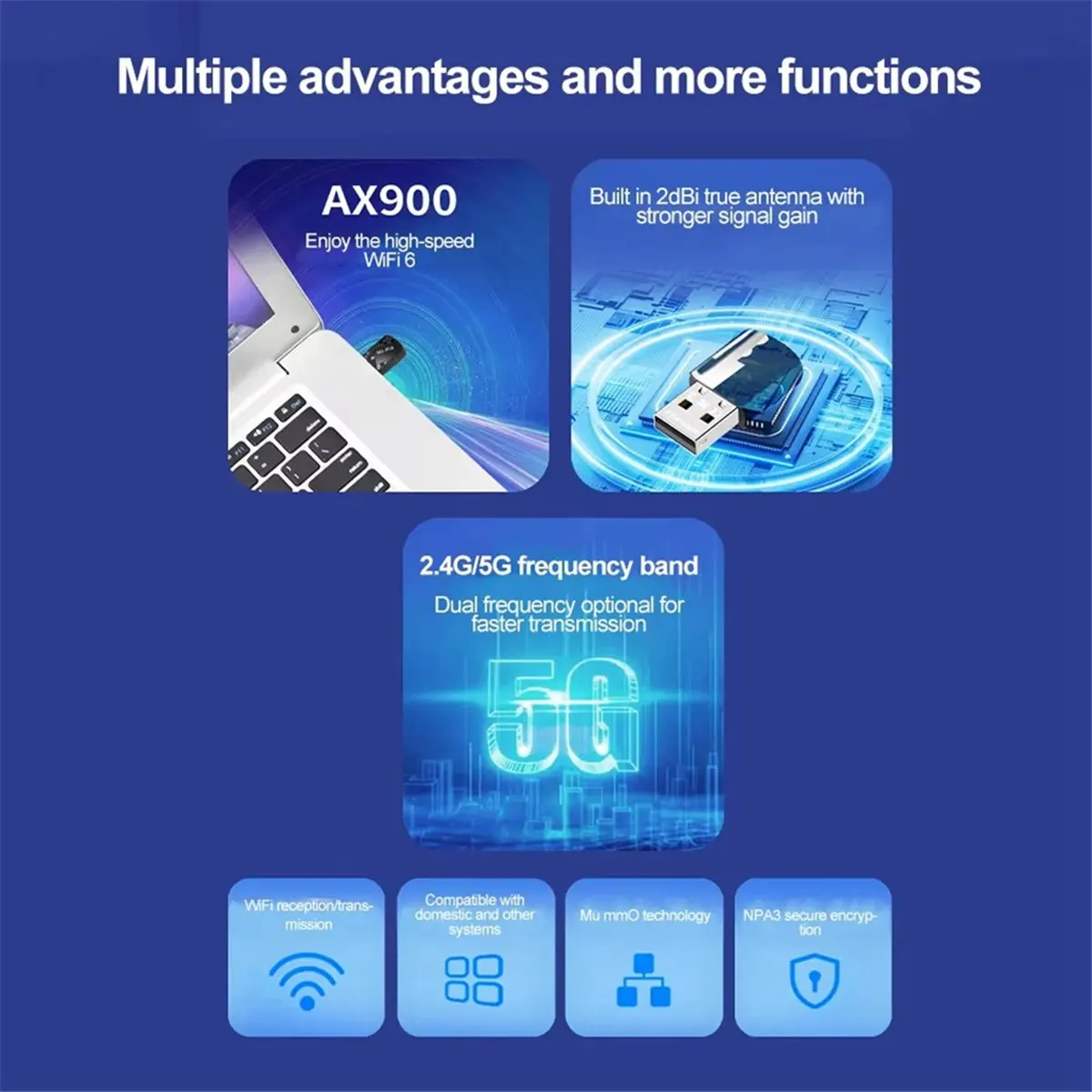 Фото USB-адаптер Wi-Fi 6 AT42 900 Мбит/с, USB-донгл AX900, двухдиапазонный беспроводной WLAN-приемник 2.4G/5G для Win10 и Win11 №1