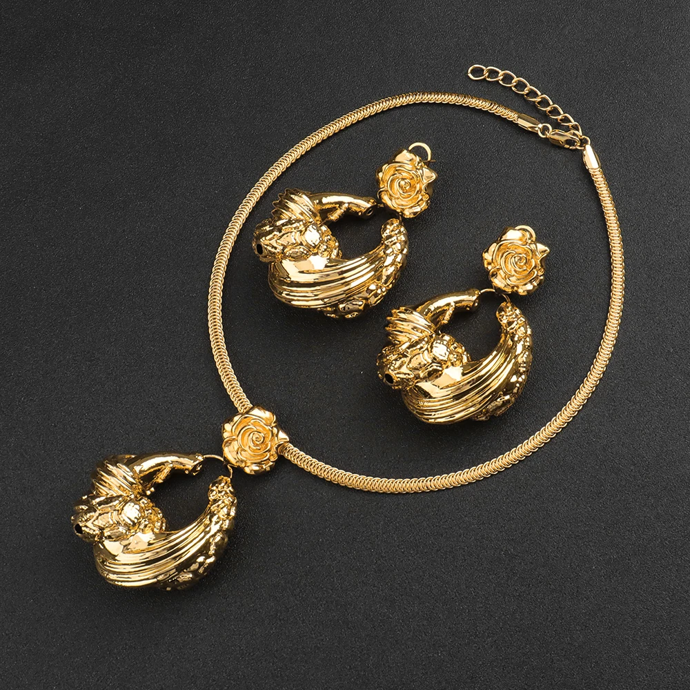 

Drop Earrings For Women Flower Pattern Necklace Dubai Gold Plated Jewelry Sets High Quality Copper Pendant Wedding Party Gifts