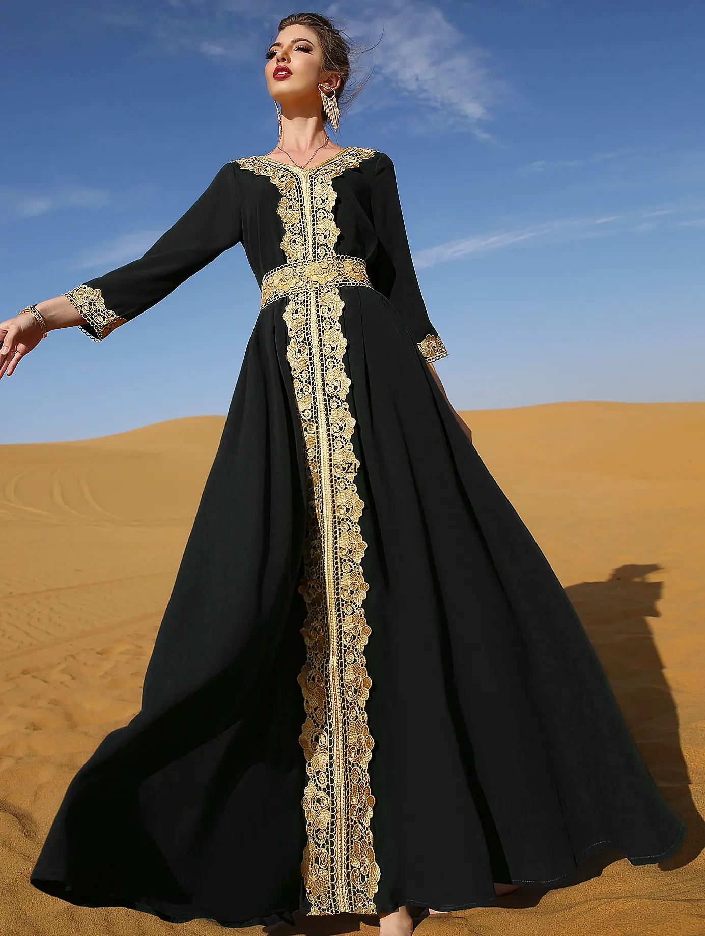 Double Layer Chiffon Asymmetric Maxi Dress for Women Corban Eid Al Adha 2023 Chic Lace Trim V Neck Long Sleeve Arab Dubai Robe