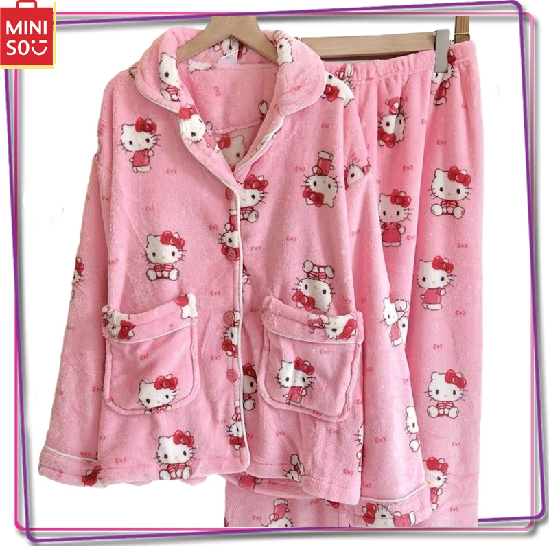 

Miniso Sanrio Hello Kitty Cartoon Flannel Pajama Set Y2K Women's Winter Home Fury Warm Long Sleeved Pants Casual Pajama Gift
