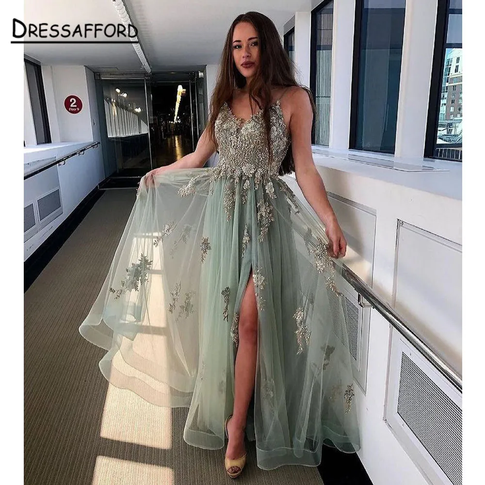 

Mint Green Spaghetti Strap Evening Dress High Split Long Sweetheart Lace Appliques Special Occasion Prom Party Dresses