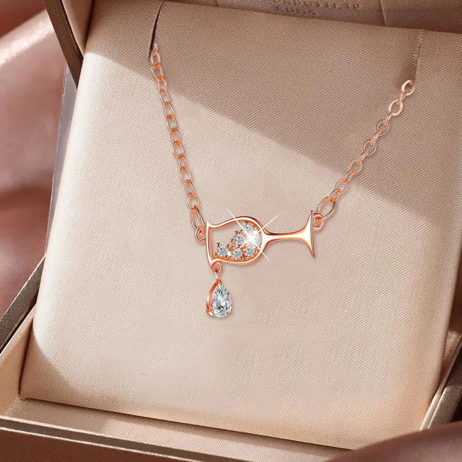 

Goblet Diamond Pendant Necklace Rhinestone Necklace Zircon Goblet Necklaces Crystal Chain Jewelry For Women Pink Chain Necklace
