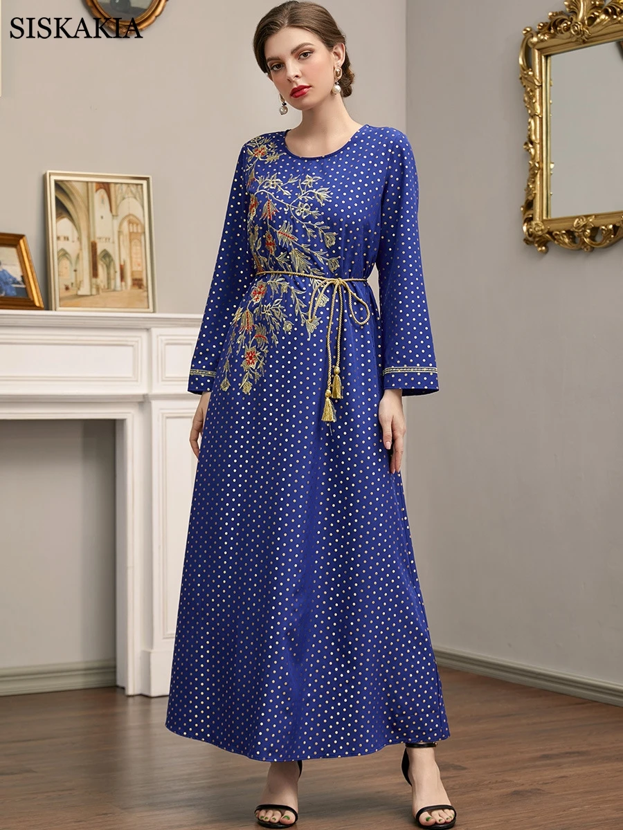 

Abayas For Women Blue Ethnic Embroidered Polka Dot Bronzing Print Sashes Round Neck Long Sleeve Four Seasons Ladies Dresses