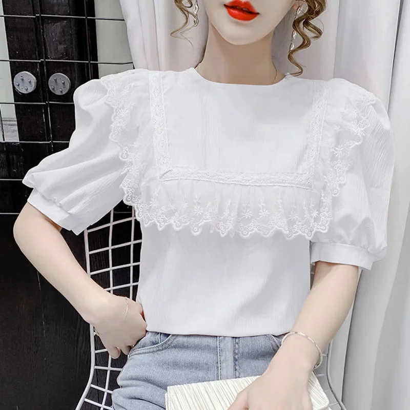 Блузка женская с круглым вырезом милая Повседневная Свободная рубашка оборками