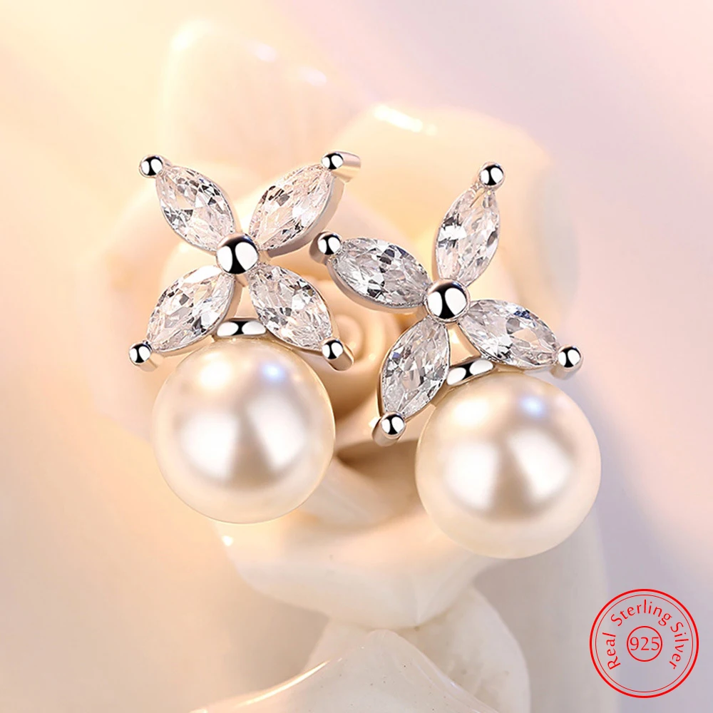 

Solid 925 Sterling Silver Woman's Gift Jewelry New Trendy Crystal Cross Pearl Stud Earrings XY0281