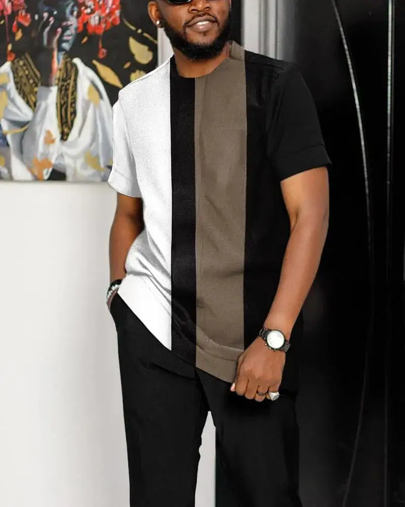 2023 Summer Lattice Tracksuit Men 2 Piece Suit Man Clothes Tshirts Pants Trousers Streetwear Jogging Sets Casual Male Clothing