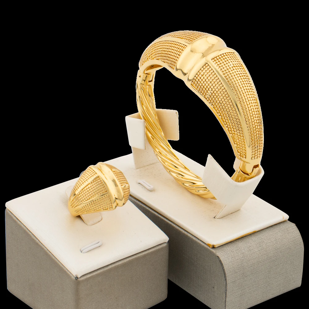 

Bangle and Ring Jewelry Set for Women 18k Golden Plated African Dubai Bracelet with Finger Ring Bridal Party Gifts for Weddings