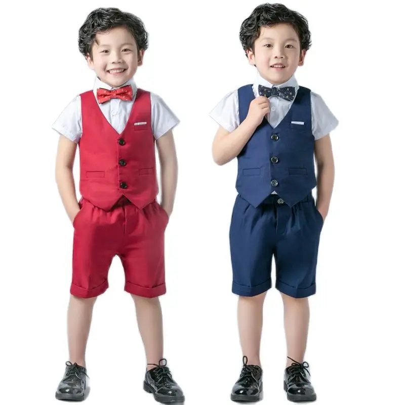 

Boys Formal Birthday Photograph Suit Kids Summer Vest Shirt Short Bowtie Wedding Dress Teenager Suit Children Graduation Costume